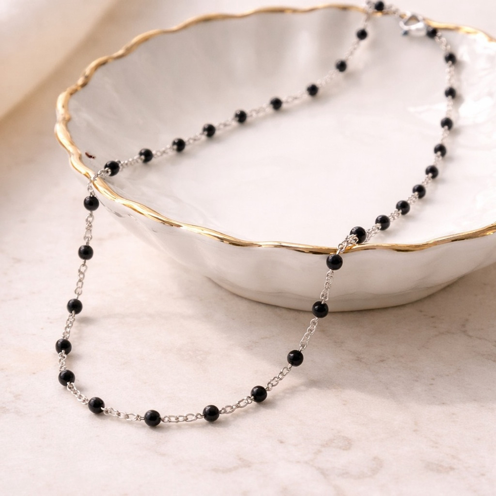 Necklace - 18” Stainless Steel Silver tone Necklace with jet black Bead Accents